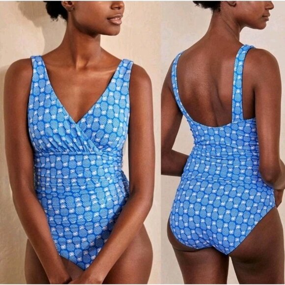 Boden Pineapple Print Blue V-Neck One Piece Wireless Womens Swimsuit 8 Tall M - Picture 1 of 12